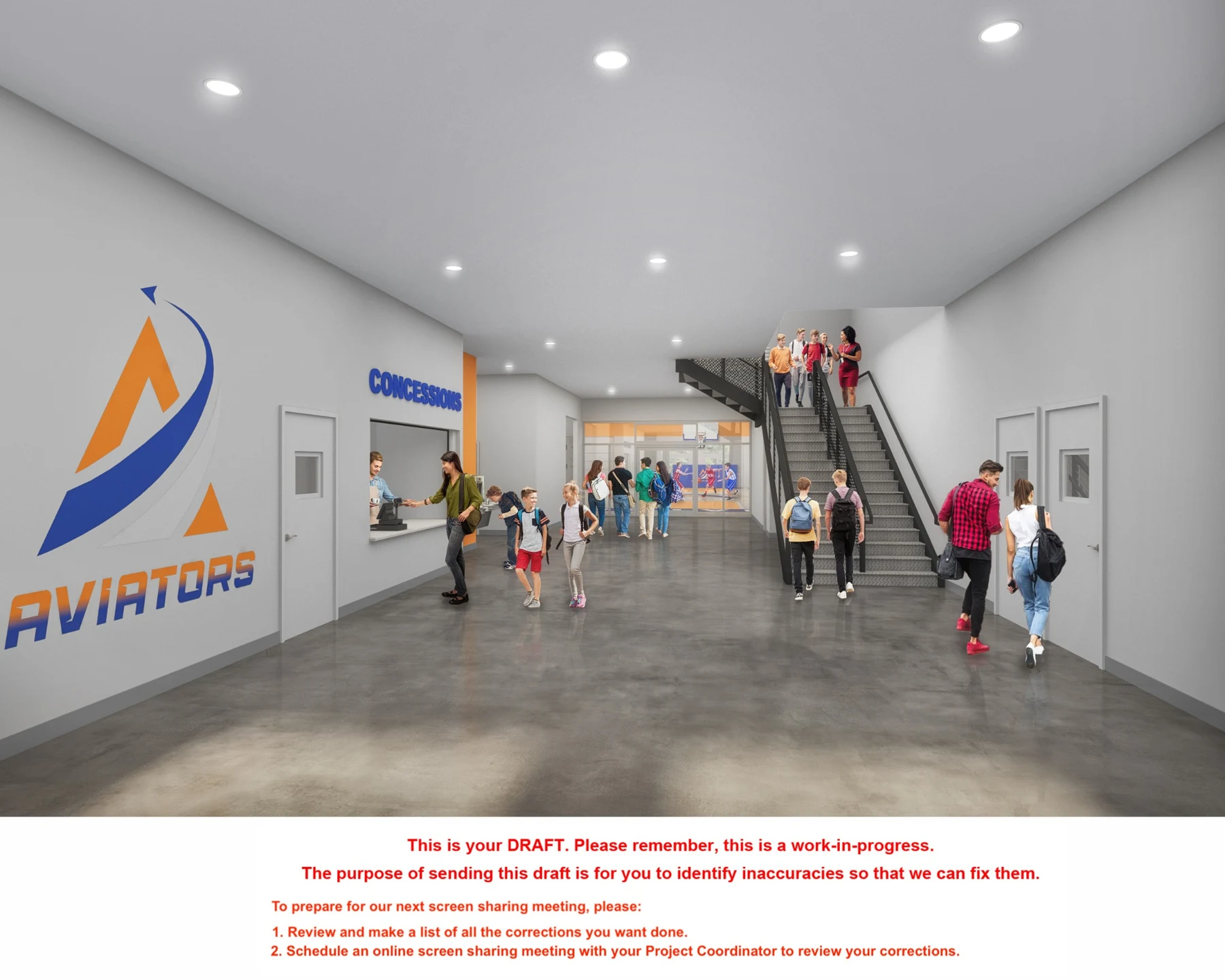 Draft architectural rendering of the future Alpha Center foyer
