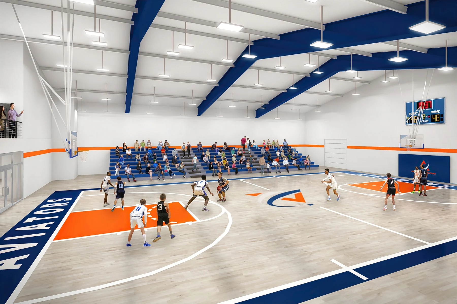 Architectural rendering of the future Alpha Center gymnasium, showing a basketball court and seating